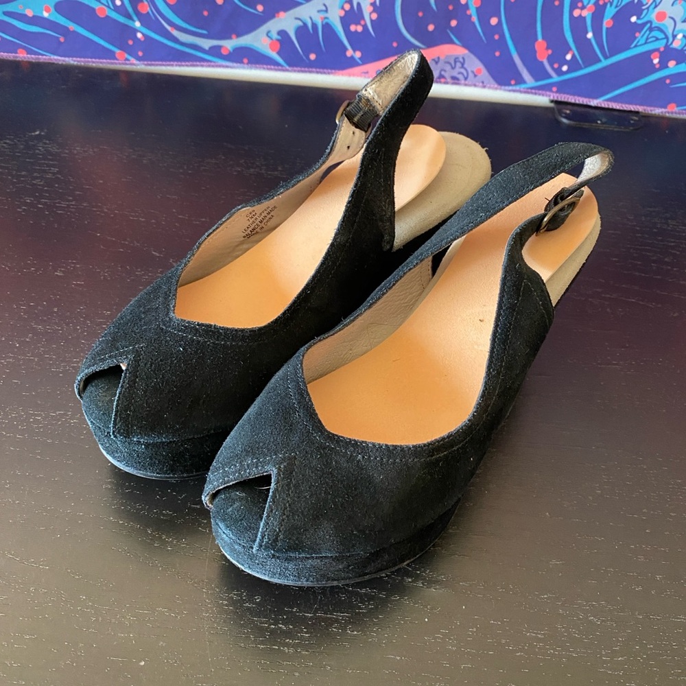 Bloomingdale's Black Suede Peep-Toe Wedge Sandals
